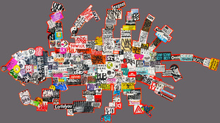 EGON ZIPPEL / Online Archive Devandalizing (in general) Stickers and signaling tape from NYC on canvas and tape