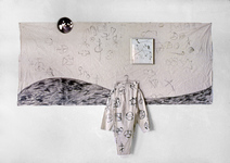EGON ZIPPEL / Online Archive Various Acrylic on canvas suit and distressed canvas, hubcap and framed cobweb.