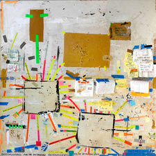 EGON ZIPPEL / Online Archive On Location Salvaged signage on cardboard, tape and post-its, bird products on used floor protection boards